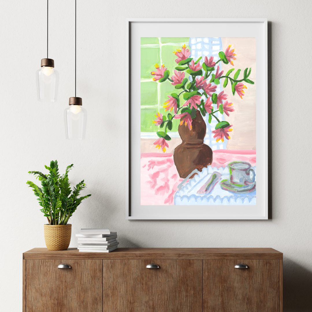 Framed Emilynn Design print in a styled room